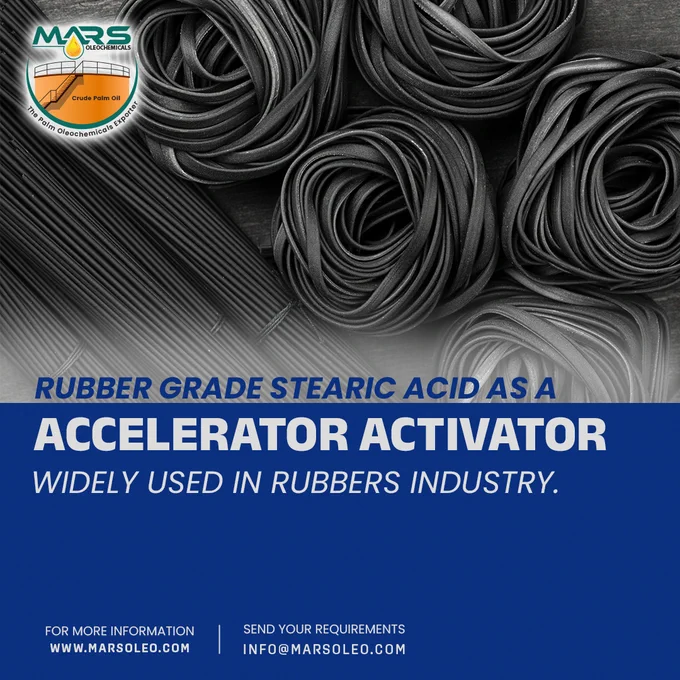 Rubber Grade Stearic Acid by Mars Oleochemicals used as an Accelerator Activator in the rubber industry. The image shows coiled black rubber materials symbolizing industrial rubber processing, with branding and contact details of Mars Oleochemicals highlighting sustainable palm-based oleochemical solutions.