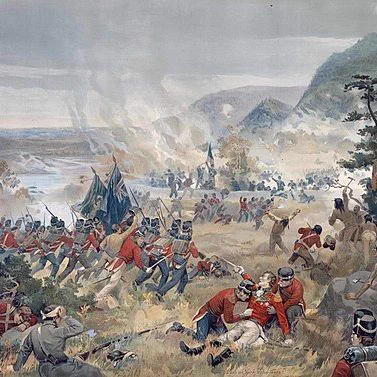Color painting depicting a chaotic battle scene with soldiers in red uniforms clashing with opponents in a grassy landscape, featuring smoke, flags, and a backdrop of hills and trees under a cloudy sky.