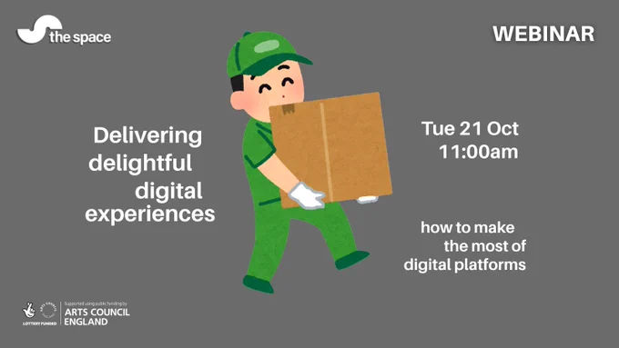 Webinar announcement for 'Delivering delightful digital experiences' on Tue 21 Oct at 11am, featuring a cartoon delivery man carrying a cardboard box.