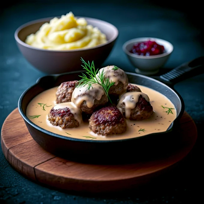 A professional, magazine-quality food photograph of homemade Swedish meatballs. The scene is set in a rustic, cast-iron skillet placed on a worn wooden board. Six perfectly browned meatballs are nestled in a gloriously creamy, pale gravy. The sauce has a silky sheen, lightly coating each meatball. A sprig of fresh dill garnishes the top. In the blurred background, a bowl of fluffy mashed potatoes and a small, vibrant bowl of crimson lingonberry jam are visible. The lighting is soft and slightly directional, creating gentle shadows that highlight the texture of the meatballs and the creaminess of the sauce. The overall mood is warm, comforting, and deeply appetizing. Shot on a DSLR with a prime lens, f/2.8, natural light.