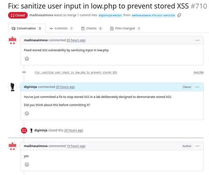 A GitHub PR claiming to prevent stored XSS in the low level lab