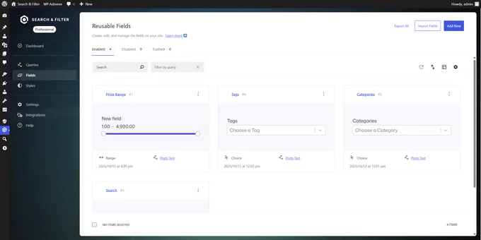 Screenshot of the new Search & Filter admin UI and sidebar - showing a list of fields with live previews (a  range field, tag select, category select and search field)