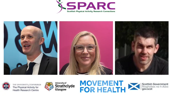 A SPARC conference poster announcing three keynote presenters, with headshots of:

Jillian Gibson, Policy Manager for Sport and Physical Activity at COSLA

Forbes Munro, Chief Executive Officer ats sportscotland

Chris Topping, Public Health Improvement Lead, Dumfries & Galloway Health & Social Care Partnership