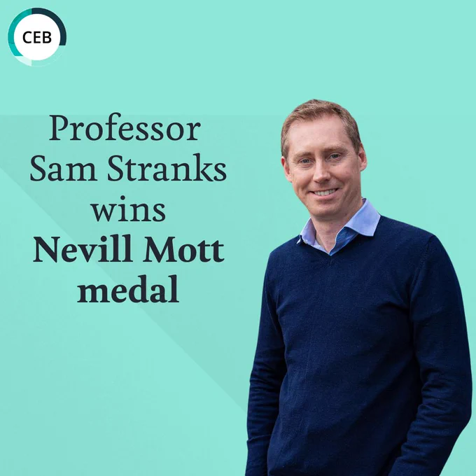 Professor Sam Stranks wins Nevill Mott medal; he stands smiling in a blue sweater against a teal background. CEB logo in corner.