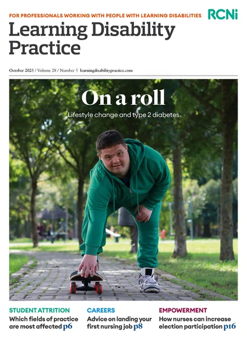 Young man with Down's syndrome dressed in green tracksuit steps onto a skateboard and looks forward.  Image is intended to illustrate article on lifestyle change and type 2 diabetes.