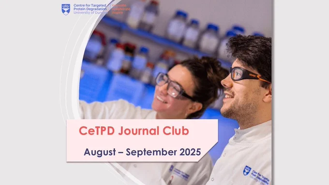 Scientists, smile while looking at something. With the text "CeTPD Journal Club, August - September 2025
