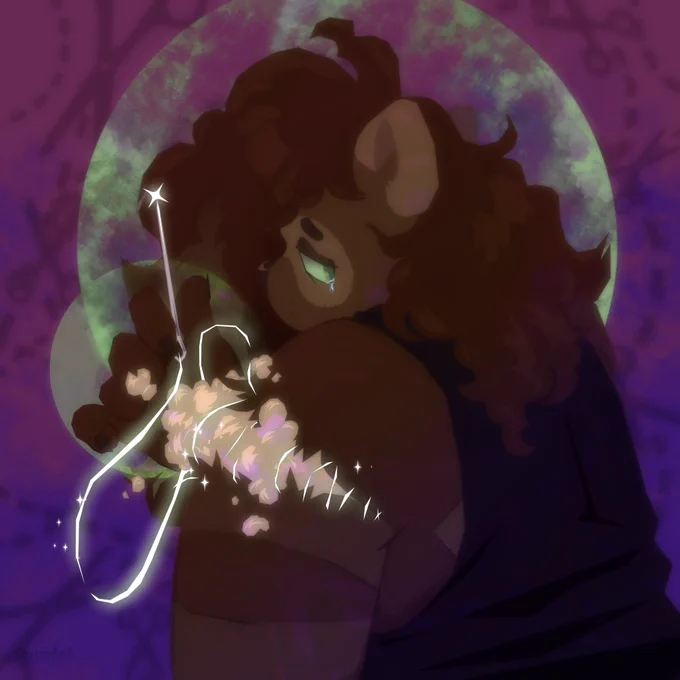 An anthro plush tanuki seems to sulk as they repair a large gash across their shoulder with a glowing thread and needle. The background is awash with cut-along-this lines. They are tearing up.