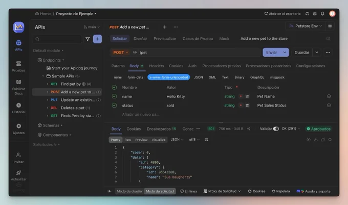 Captura de pantalla de la aplicación Apidog mostrando una solicitud POST para añadir una nueva mascota a la API. En el cuerpo de la petición se envían los valores “name: Hello Kitty” y “status: sold”. La respuesta JSON aparece en la parte inferior con el código 0 y datos de la mascota creada.