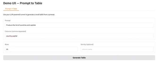 UX to provide prompt   CSV colums names, and query LLM to generate table