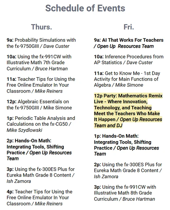Schedule of events for Casio booth 1311 at NCTM Atlanta 2025