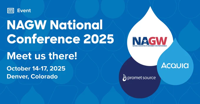 Announcement for NAGW National Conference 2025 happening October 14-17 in Denver, Colorado with logos of NAGW, Acquia, and Promet Source.