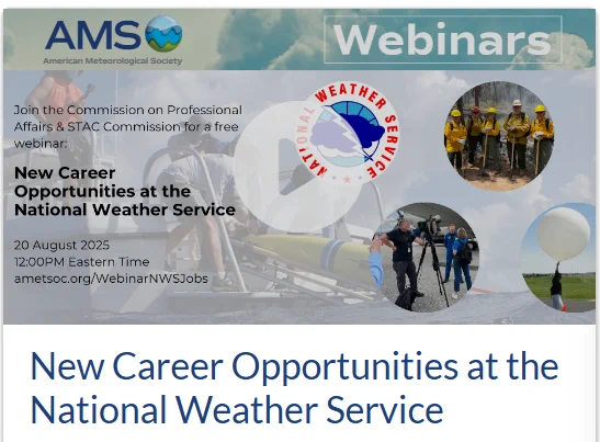 A screenshot of the AMS Webinar Directory website featuring webinar recording "New Career Opportunities at the National Weather Service."