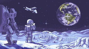 A UN engineer stands by a construction ArmLoader, inspecting a lunar colony from a distance. An incomplete orbital colony is scene in the background.