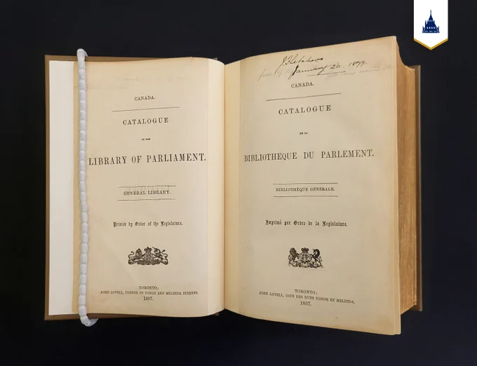Title page from the 1857 catalogue of the Library of Parliament.