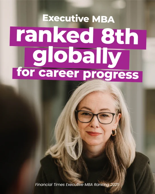 Text highlighting Executive MBA ranked 8th globally for career progress with a professional woman in a dark top in the background.