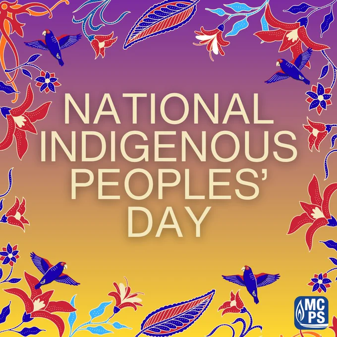 Colorful floral and bird motifs frame the text 'National Indigenous Peoples' Day' on a gradient purple to yellow background.