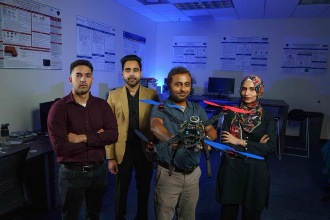 FIU’s cybersecurity research group who developed SHIELD. From L-R: Jean Tonday Rodriguez, Mohammad Kumail Kazmi, Mohammad Ashiqur Rahman and Muneeba Asif. (Credit: Chris Necuze/Florida International University)