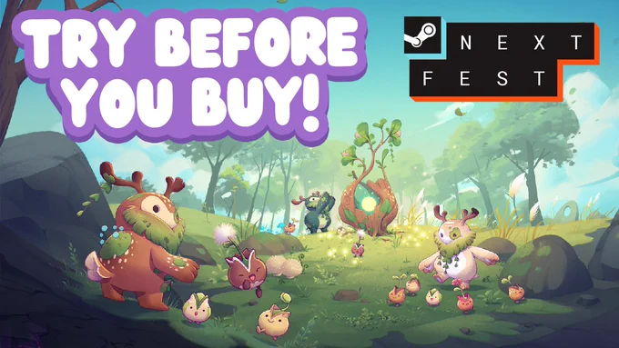 YouTube Thumbnail showing a cute game screenshot showing little seedlings playing around in a meadow with strange creatures with antlers and big grassy beards. Purple text reads "Try Before You Buy" and there's also a Steam Next Fest logo.