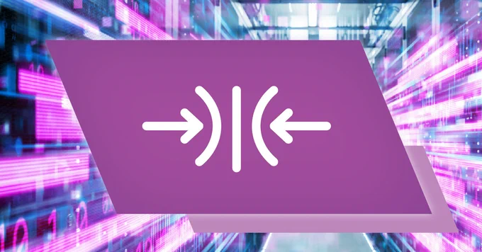 White arrows pointing inward toward a central vertical line on a purple geometric shape over a blurred digital data background with pink and blue tones.