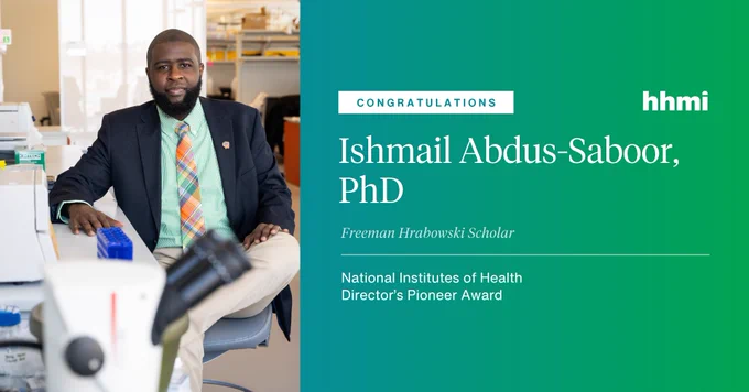 Congratulations
Ishmail Abdus-Saboor, PhD 
Freeman Hrabowski Scholar 
National Institutes of Health Director's Pioneer Award

Image of Ishmail in his lab