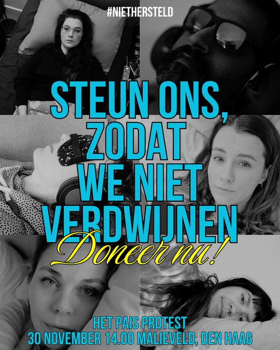 Zwart-wit poster met zes foto’s van mensen met een PAIS, sommigen met koptelefoon, zonnebril of oordopjes in. In het midden staat in grote blauwe letters: “STEUN ONS, ZODAT WE NIET VERDWIJNEN”. Daaronder in gele cursieve letters: “Doneer nu!”. Bovenaan staat de hashtag #NIETHERSTELD. Onderaan in blauwe letters: “HET PAIS PROTEST 30 NOVEMBER 14.00 MALIEVELD, DEN HAAG”.