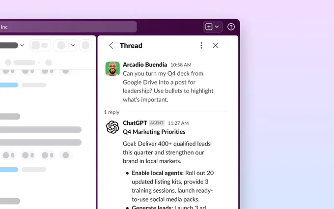 Screenshot of a messaging application interface showing a conversation between Arcadio Buendia and ChatGPT Marketing Agent, discussing Q4 goals and strategies.