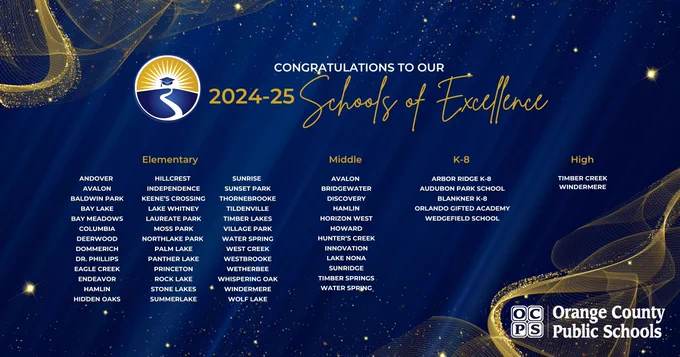 graphic that lists our schools and says congrats 2024-25 schools of excellence