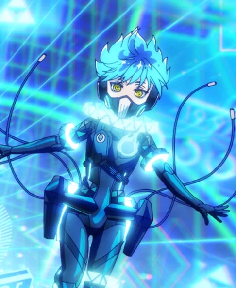 Ortho, a robotic boy with blue hair that looks like fire, gold eyes, pale skin and a respirator-style mask covering his mouth and nose.  He looks like he's wearing an alternative metal fanny pack that has cables coming out of it