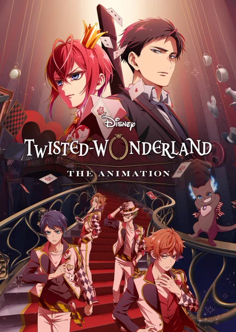 The promo poster for Twisted Wonderland: The Animation, featuring conventionally attractive anime men with a red color scheme, and one smirking, gremliny cat