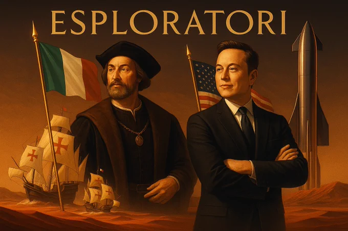 On a stylized Martian plain, Christopher Columbus stands at left holding an Italian flag beside three caravels, while Elon Musk stands at right with a U.S. flag and a gleaming Starship rocket behind him. Warm, elegant tones and classical lighting blend old-world exploration with futuristic space travel.