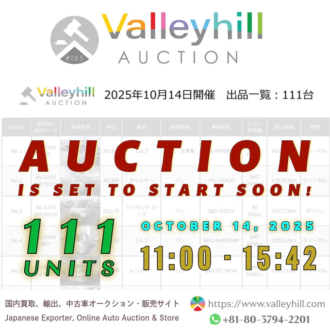 📣 LIVE AUCTION soon❗️
第125回 Valleyhillオークション 

Good morning! ☀️
We are pleased to invite you to Valleyhill Auction No.125, taking place today from 11:00 to 15:42. A total of 111 units are available for bidding, and we look forward to your active participation!

Auction List 👇
🚚 🚛 https://valleyhill.com

おはようございます！☀️
今日はオークション開催日になります❗️出品台数は111台 ☝️
宜しくお願い致します。

✅Join Our WhatsApp Channel👇
https://www.valleyhill.com/about/whatsapp

#ValleyhillAuction #Auction125 #バレーヒルオークション #Isuzu #ELF #2016トラック #中古トラック #NPR82ZAN #CNG #5MT #UsedTruckJapan #TruckAuction #JapanAuction #オンラインオークション #AutoAuction #CommercialTruck #日本の輸出 #TruckExport #車両オークション 
#AuctionAlert #AuctionDay #AuctionLive #AuctionEvent #AuctionTime 
#UsedVehiclesJapan #AuctionInJapan #TruckMarket #神戸オークション #OctoberAuction #CNGTruck #IsuzuTruck #ValleyhillExport
