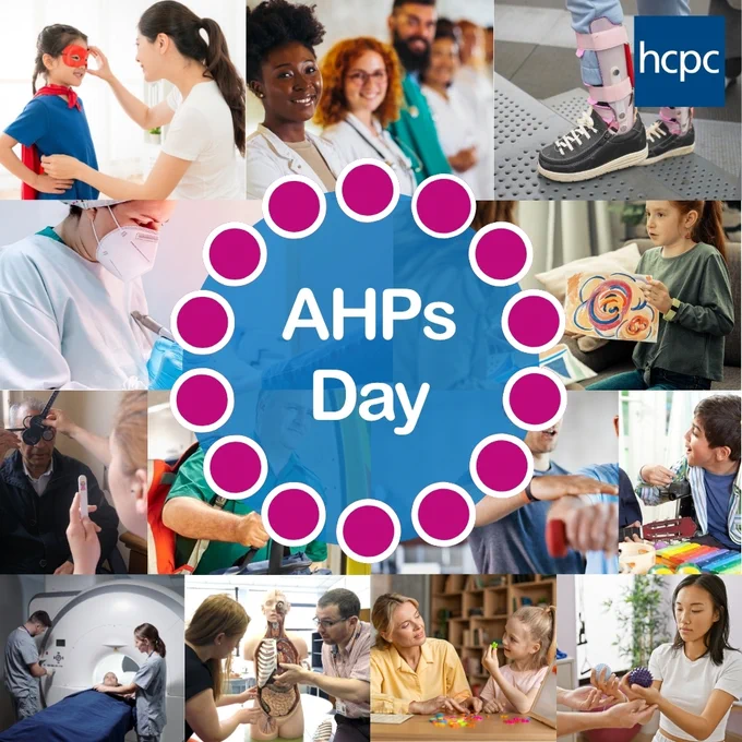 Graphic with the HCPC logo in the top right and the AHPs' Day logo in the centre. In the background are images of the 13 allied health professions that the HCPC regulates.