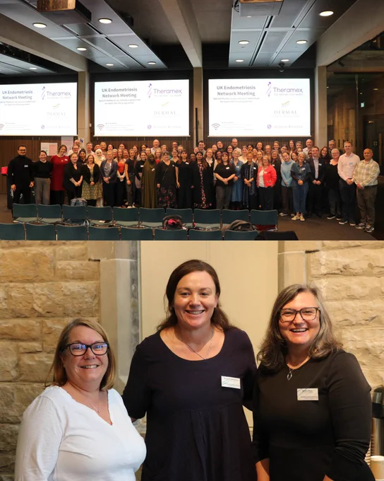 1 photo of a large group in front of a screen that reads 'UK Endometriosis Network'
Photo 2 is three women standing with arms around each other and smiling at the camera