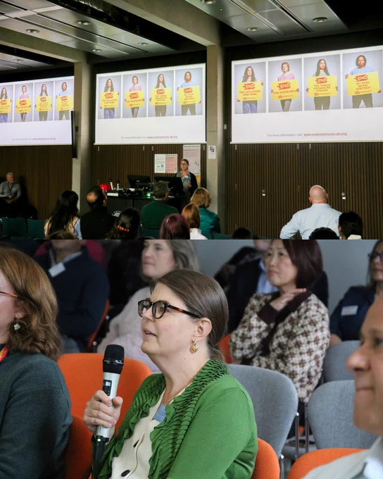 2 photos:
1: A photo of Emma Cox presenting, the screen above her shows an Endometriosis UK campaign of people holding yellow boards with the word 'end' on them 

2: Emma Cox sat with a microphone