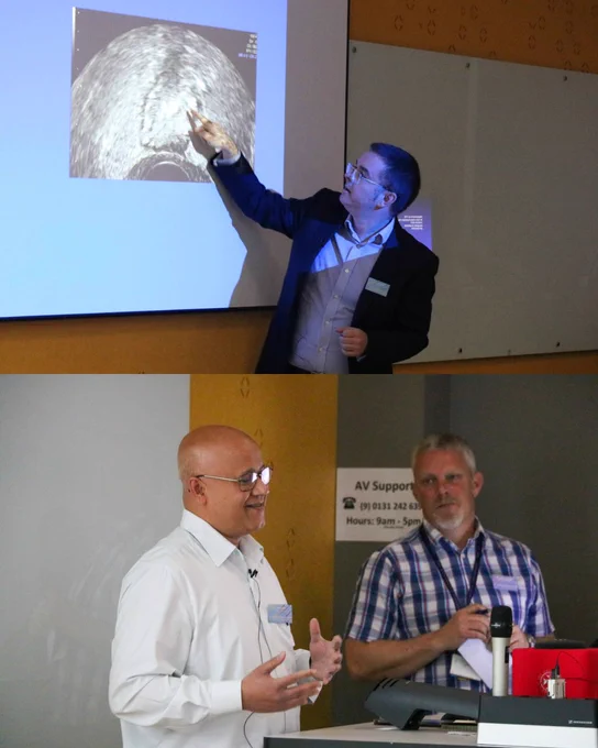 2 photos:

1: A man standing and pointing towards a medical scan

2: A man smiling and presenting 