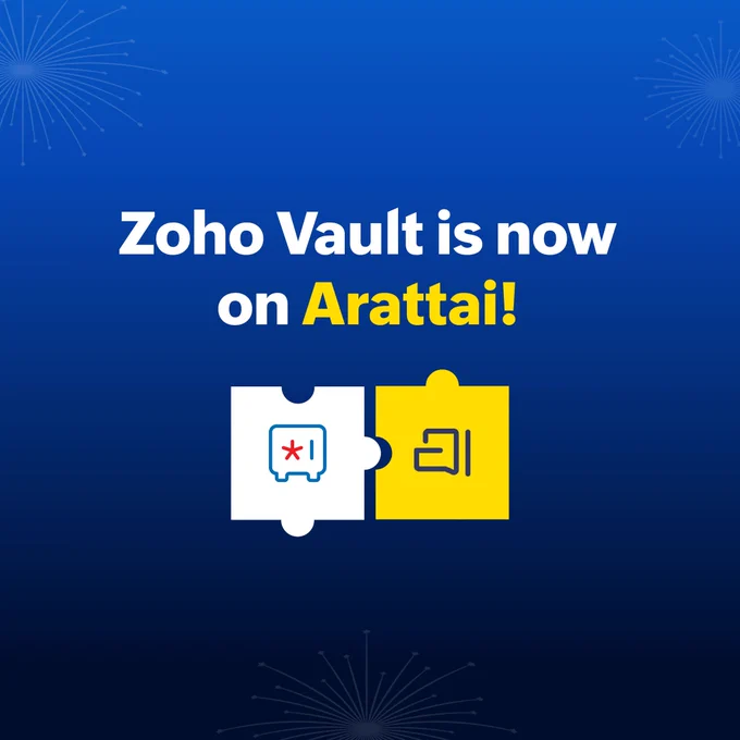 Zoho Vault is officially on Arattai! 

Follow us for practical security tips and exclusive, behind-the-scenes look at the cutting-edge features we're building to secure your digital life.

Don't miss a thing—follow the Arattai community now!