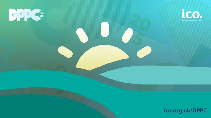 Blue and green DPPC 2025 conference branding with a sun rising behind some hills.