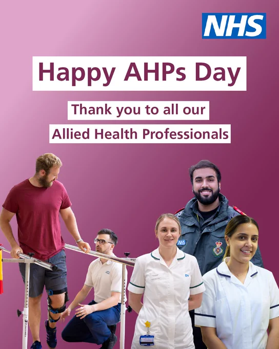 Photographs of four NHS AHPs. Text on image reads 'Happy AHPs Day. Thank you to all of our Allied Health Professionals.' The NHS logo is in the top right corner.