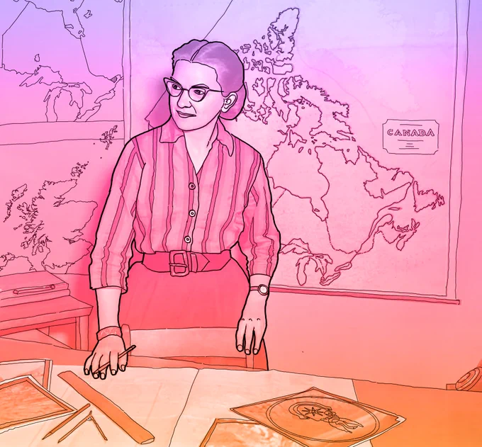 Colourful illustration of Moira Dunbar standing behind a desk with maps of Arctic sea-ice, Canada and Scotland surrounding her.