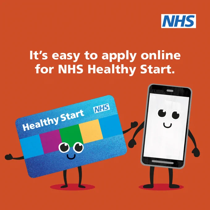 Promotional image for NHS Healthy Start, featuring an animated card and smartphone with faces and arms, indicating it's easy to apply online. The background is orange.