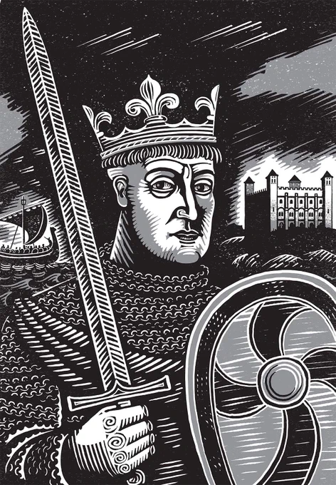 Illustration of William the Conqueror in armour, holding a sword and shield, with the White Tower in the background.