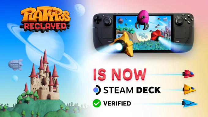 Platypus Reclayed logo, image of the Steam Deck with Platypus Reclayed ships flying onto it and the text: Is Now Steam Deck Verified 
