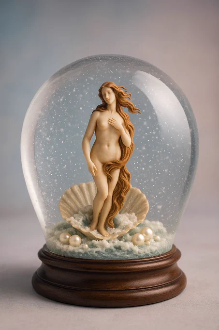 ultra-detailed miniature diorama inside a crystal snow globe, showing (INSERT MYTHOLOGICAL SCENE OR GOD), glowing snow particles swirling around, cinematic light, frosted glass, handcrafted textures, magical realism, elegant soft focus