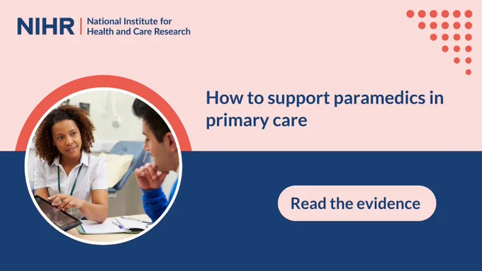 NIHR logo. Paramedic showing a patient a screen. 
How to support paramedics in primary care. Read the evidence. 