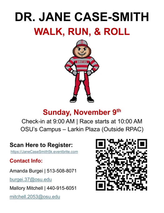 Jane Case Smith 5k Flyer Sunday November 9th, link to register with contact information of Amanda Burgei and Mallory Mitchell