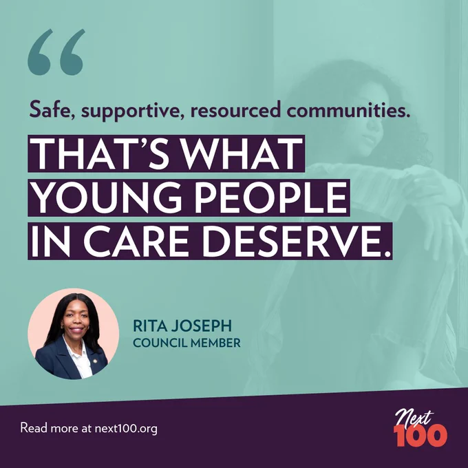 Council Member Rita Joseph speaks out on the housing needs for foster youth, featuring a headshot of the council member against a bold green and purple background.