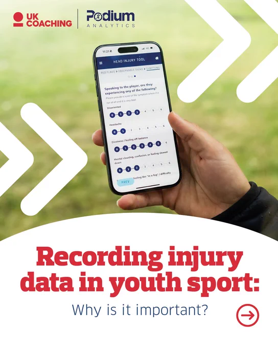 A hand holding a smartphone displaying the Podium Analytics app, which is open to an injury log page. The UK Coaching logo is visible at the top. Text below reads "Recording injury data in youth sport: Why is it important?"
