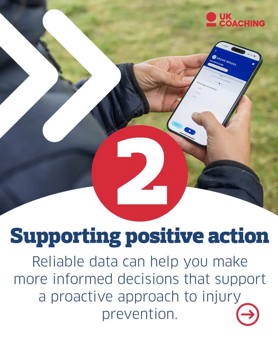 UK Coaching poster showing a person holding a smartphone with text discussing the use of reliable data for proactive injury prevention.