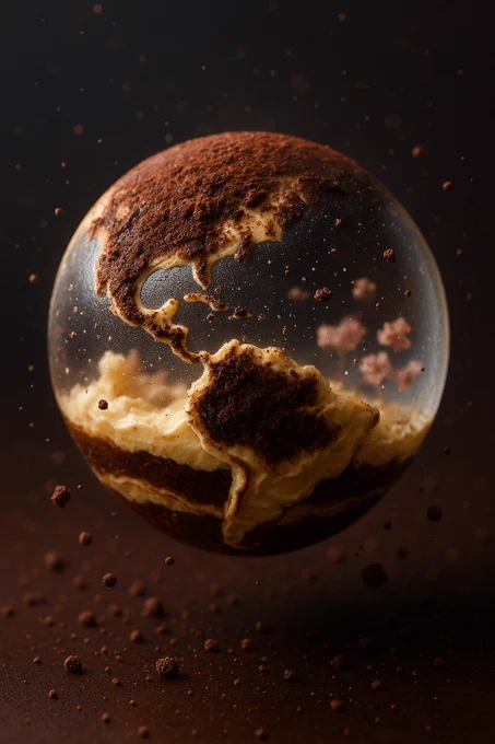 spherical planet made of (INSERT DESSERT OR FLAVOR), detailed sugary crusts and creamy textures forming continents, cosmic sprinkles orbiting, surreal atmosphere, macro photography lighting, high realism and whimsy combined