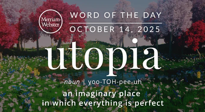 Merriam-Webster Word of the Day for October 14, 2025 'utopia' noun | yoo-TOH-pee-uh "an imaginary place in which everything is perfect" Background Image: a beautiful meadow
